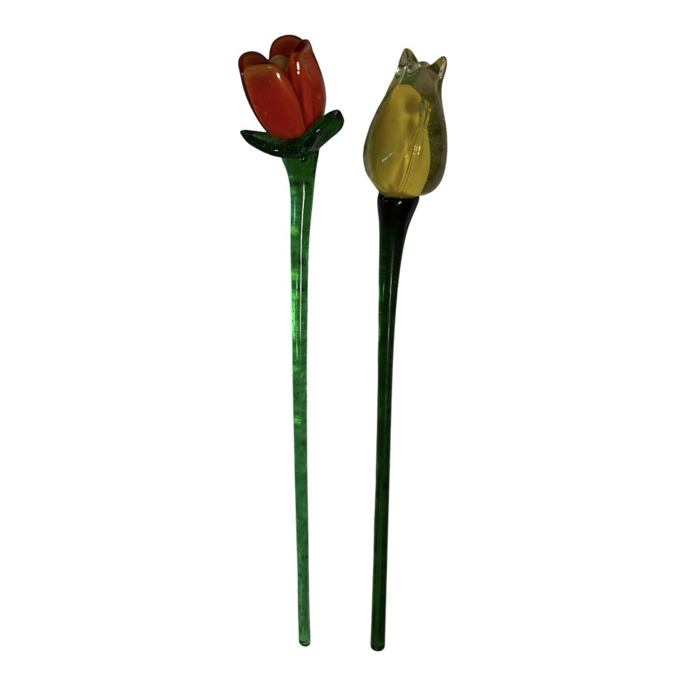 Glass Flowers Murano Style Long Stem set of 2 12" Perfect Condition Unique